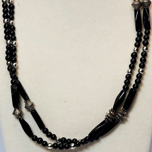 Double Strand Black Beaded Necklace 14" - Picture 4 of 4